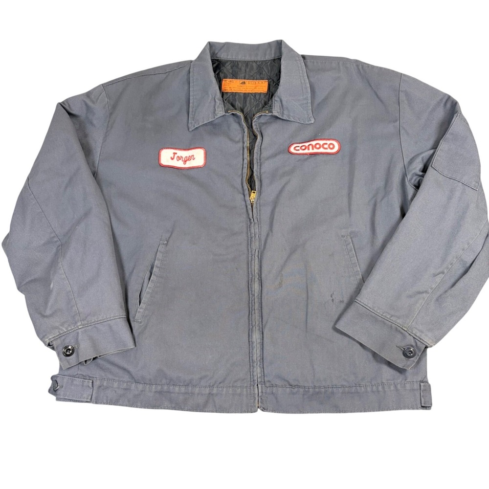 VNTG Red Kap Mens XL Conoco Patch Work Jacket Gray Quilted Lined Mechanic